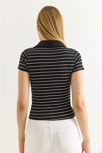 Polo Yaka Çizgi Desenli Kadın Tshirt Siyah