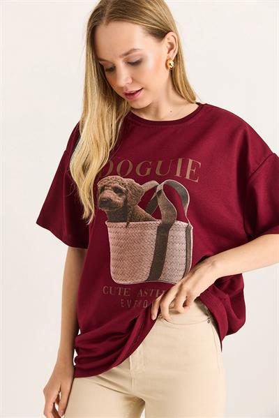 Baskılı Bisiklet Yaka Basic Tshirt Bordo