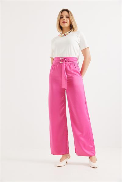 Kemerli Yüksek Bel İspanyol Paça Pantolon Pembe
