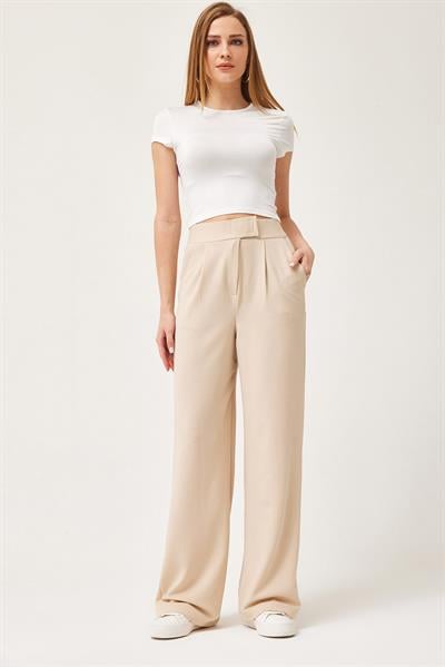Beli Cırtlı Rahat Palazzo Pantolon Krem