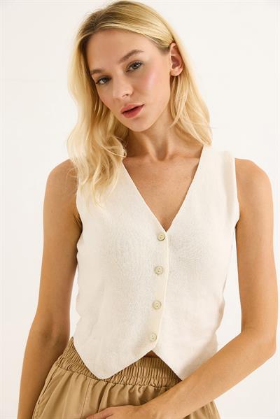 Arkası Dantel Detaylı Düğmeli Yelek Ekru