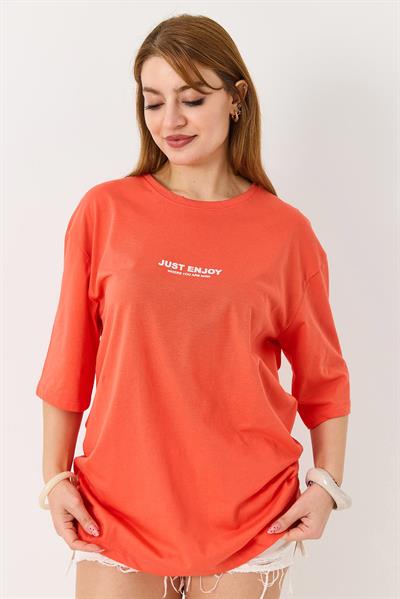 Kadın Yazı Baskılı Bisiklet Yaka Tshirt Nar Çiçeği