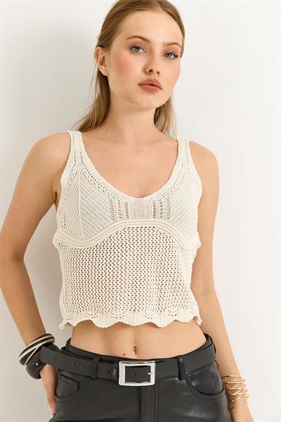 Ajurlu Geniş Yaka Crop Triko Bluz Bej