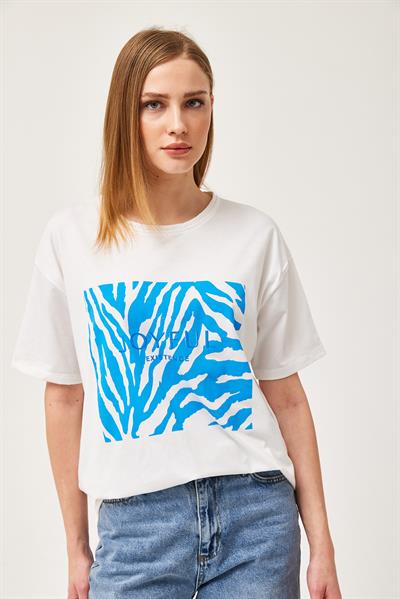 Desenli Bisiklet Yaka Penye Tshirt Beyaz