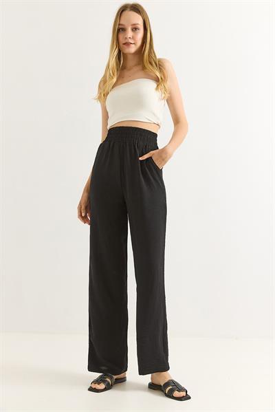Ayrobin Kumaş Bol Paça Beli Lastikli Sİyah Pantalon