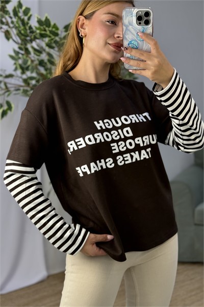 Kadın Yazı Baskılı Kolları Çizgili Bisiklet Yaka Tshirt Kahverengi