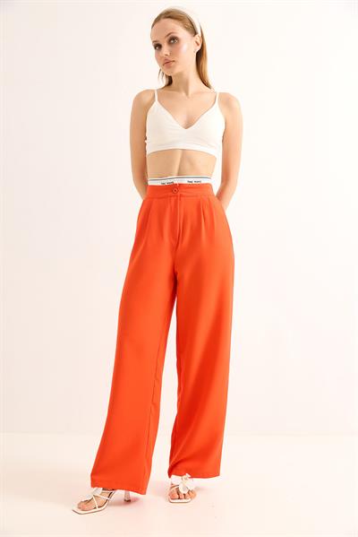 Geniş Paça Kemeri Garnili Palazzo Pantolon Turuncu