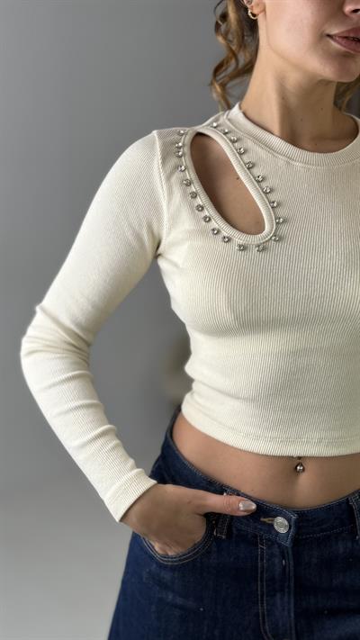 Kadın Uzun Kollu Kaşkorse Taşlı Pencereli Bluz Bej