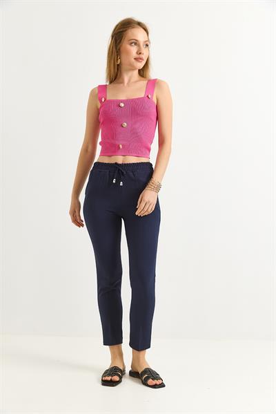 Beli Lastikli Kısa Paça Double Krep Pantolon Koyu Lacivert