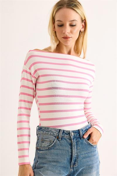Kadın Çizgi Desen Geniş Yaka Uzun Kollu Bluz Pembe