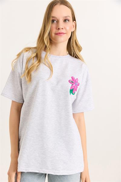 Baskılı Bisiklet Yaka Basic Tshirt Gri