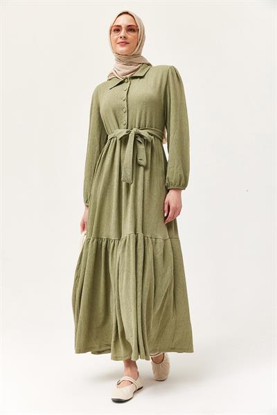 Yarım Düğmeli Beli Kuşaklı Elbise Yeşil