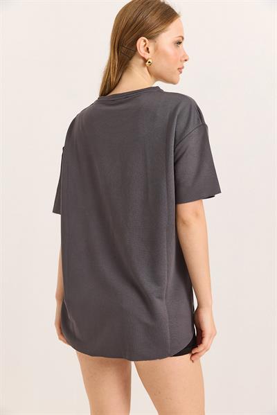 Oysh Yumuşak Dokulu Eteği Oval Modal Tshirt Füme