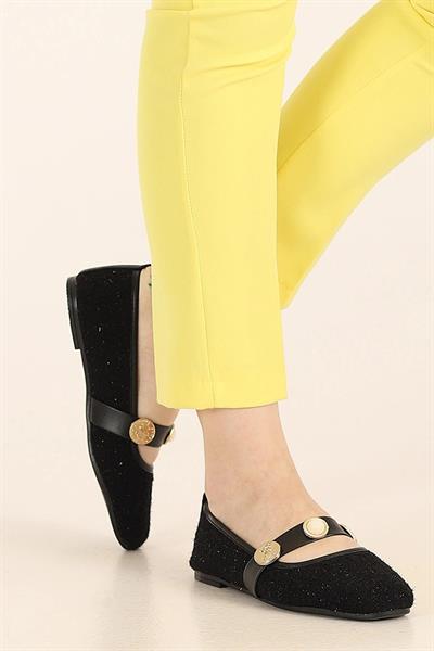 Keten Toka Detaylı Kadın Babet Siyah