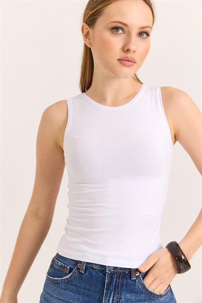 Kolsuz Bisiklet Yaka Bluz Beyaz