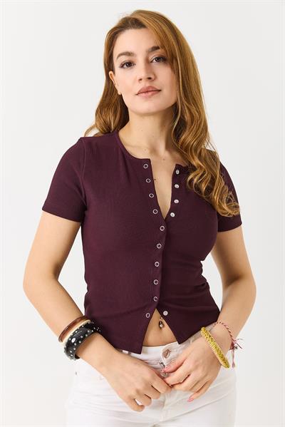 Kadın Çıtçıtlı Kısa Kollu Kaşkorse  Bluz Bordo