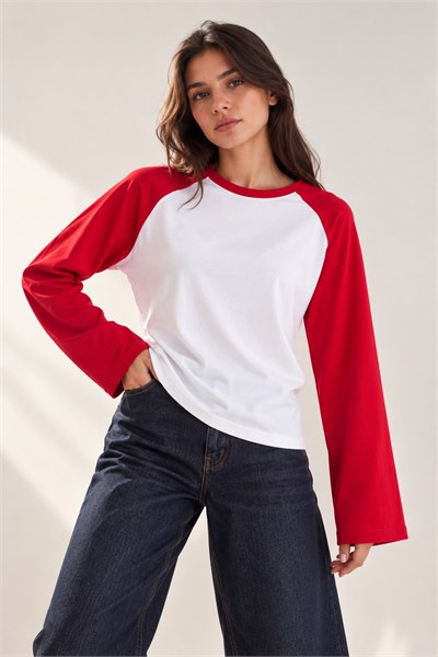 Kadın Bisiklet Yaka Reglan Sweatshirt Kırmızı