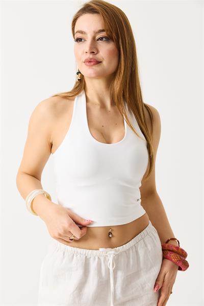 Kadın Boyundan Askılı  Crop Bluz Beyaz