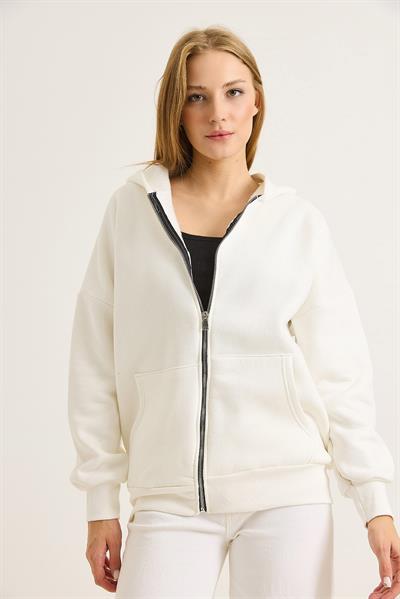 Kadın Oversize Kapüşonlu Fermuarlı Hırka Beyaz