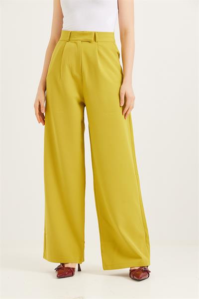 Kancalı Yüksek Bel Salaş Palazzo Pantolon Yağ Yeşili
