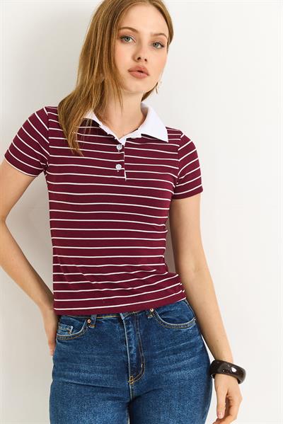 Polo Yaka Çizgi Desenli Kadın Tshirt Bordo