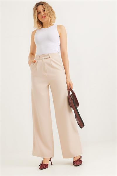 Kancalı Yüksek Bel Salaş Palazzo Pantolon Krem
