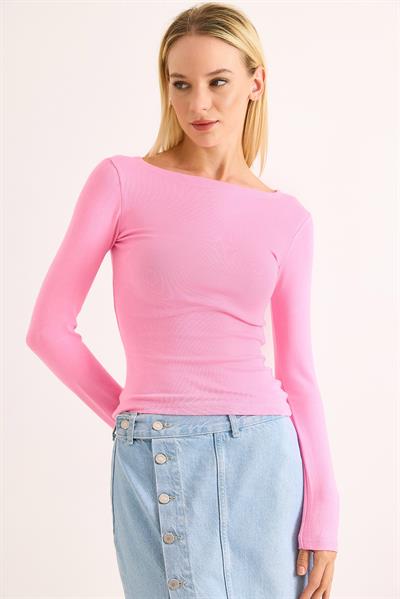 Geniş Yaka Rahat Uzun Kollu Bluz Pembe