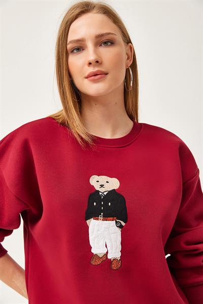 Oversize Nakışlı Sweatshirt Bordo