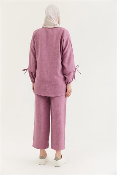 Kol Büzgülü Gömlek Pantolon İkili Takım Gül Kurusu