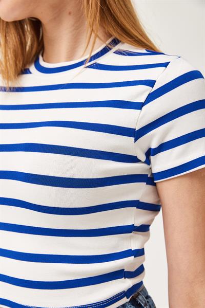 Çizgili Bisiklet Yaka Crop Bluz Mavi