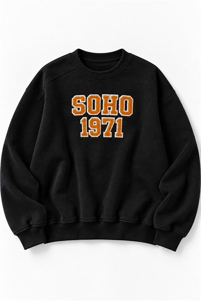 Kadın Bisiklet Yaka Şardonlu Oversize Baskılı Sweatshirt Siyah