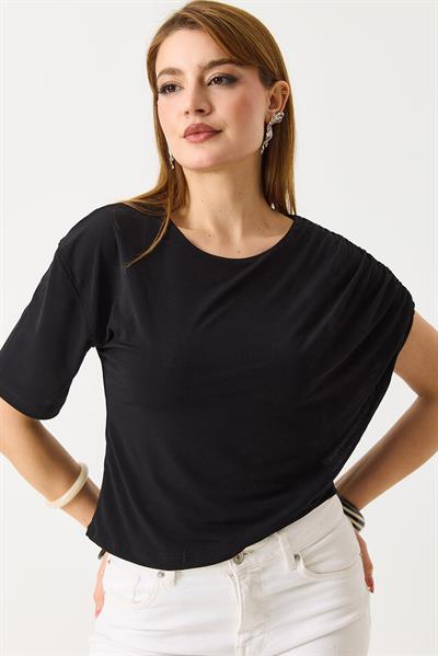 Kadın Sandy Pelerinli Yarım Kollu  Bluz Siyah