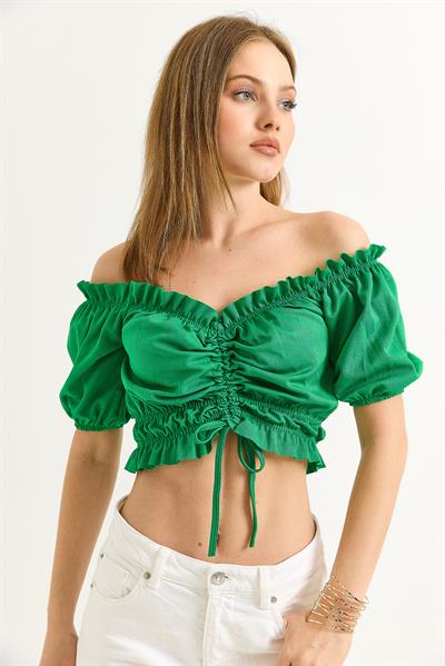 Madonna Yaka Büzgülü Crop Bluz Yeşil
