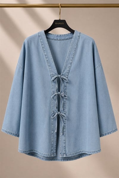 Kadın Oversize Önden Bağlamalı Kot Kimono Mavi
