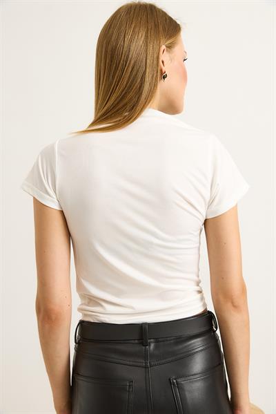 Kısa Kol Büzgülü Bisiklet Yaka Bluz Beyaz