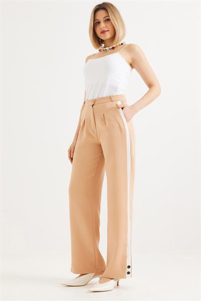 Yanları Şeritli Bol Paça Pantolon Vizon