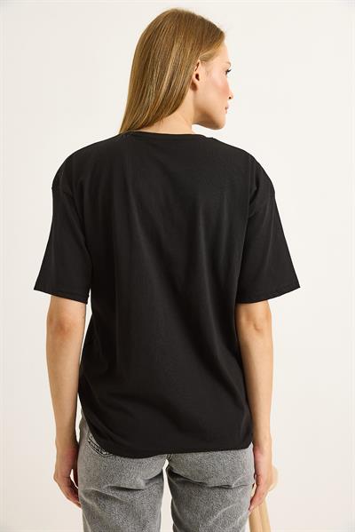 Taş Baskılı Kuş Motifli Bisiklet Yaka Tshirt Siyah