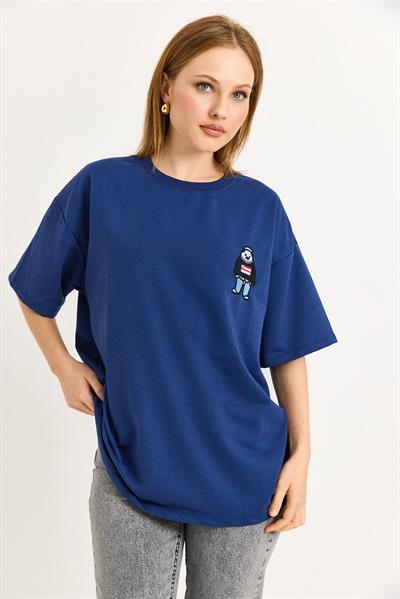 Nakışlı Bisiklet Yaka Tshirt  Lacivert
