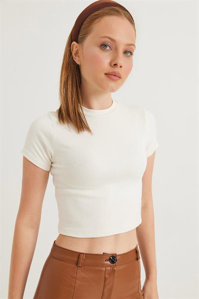 Bisiklet Yaka Esnek Crop Bluz Ekru