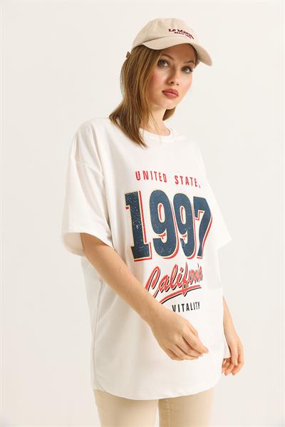 1997 Baskılı Oversize İki İplik Tshirt Beyaz