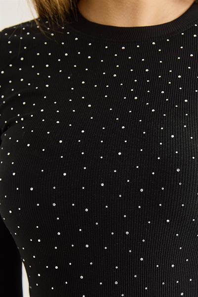 Kadın Ottoman Bisiklet Yaka Taşlı Bluz Siyah