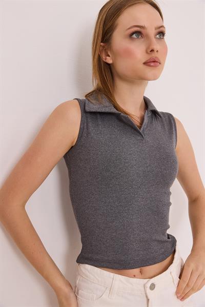 Sıfır Kol Polo Yaka Basıc Örme Kaşkorse Bluz Füme