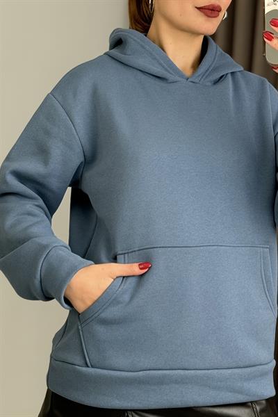 Üç İplik İndigo Şardonlu Kangru Cepli Kapişonlu Sweat
