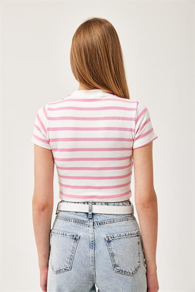 Çizgili Bisiklet Yaka Crop Bluz Açık Pembe