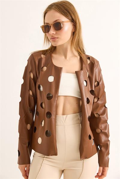 Lazer Kesim Delikli Model Ceket Kahverengi