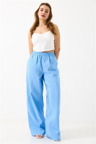 Kadın Bol Kesim Tensel Kumaş Beli Lastikli Mavi