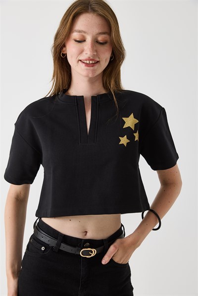 Kadın Yaka Detaylı Baskılı Crop Bluz Siyah