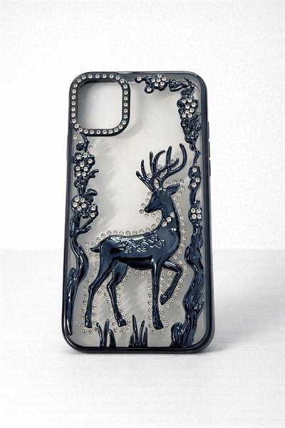 İphone 11 Uyumlu Geyik ve Çiçek Kabartmalı Kılıf Lacivert