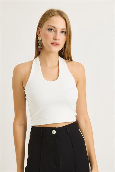 Boyundan Geçirmeli Crop Bluz Beyaz