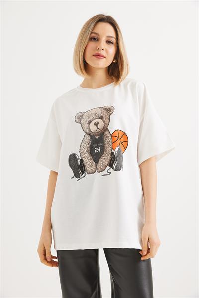Ayıcık Baskılı Bisiklet Yaka Tshirt Beyaz